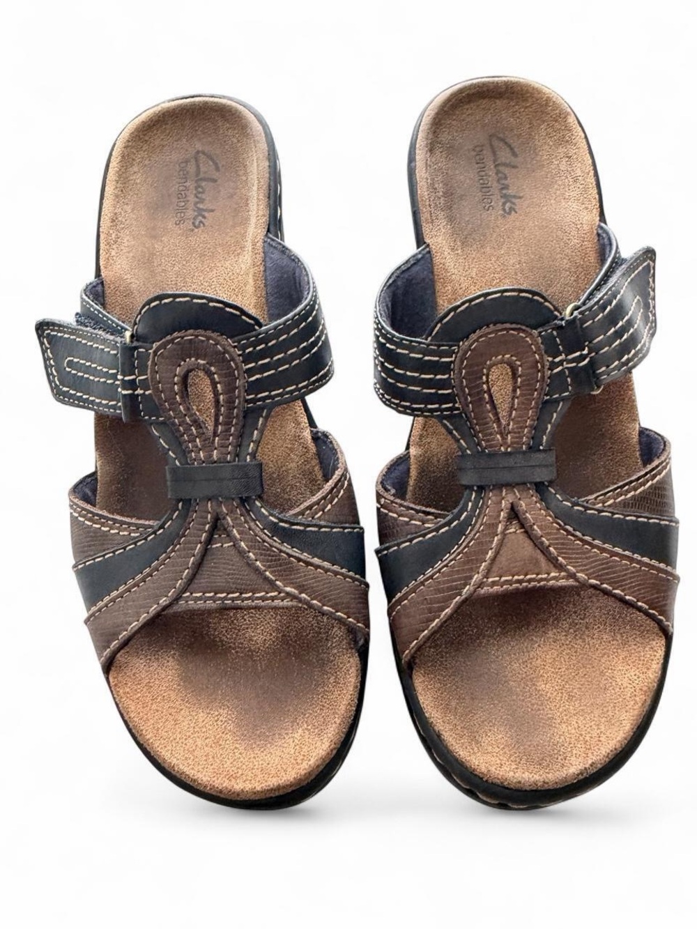 Clarks Bendables Women’s Leather Comfort Wedge Sandals Brown Black Size 7.5 M